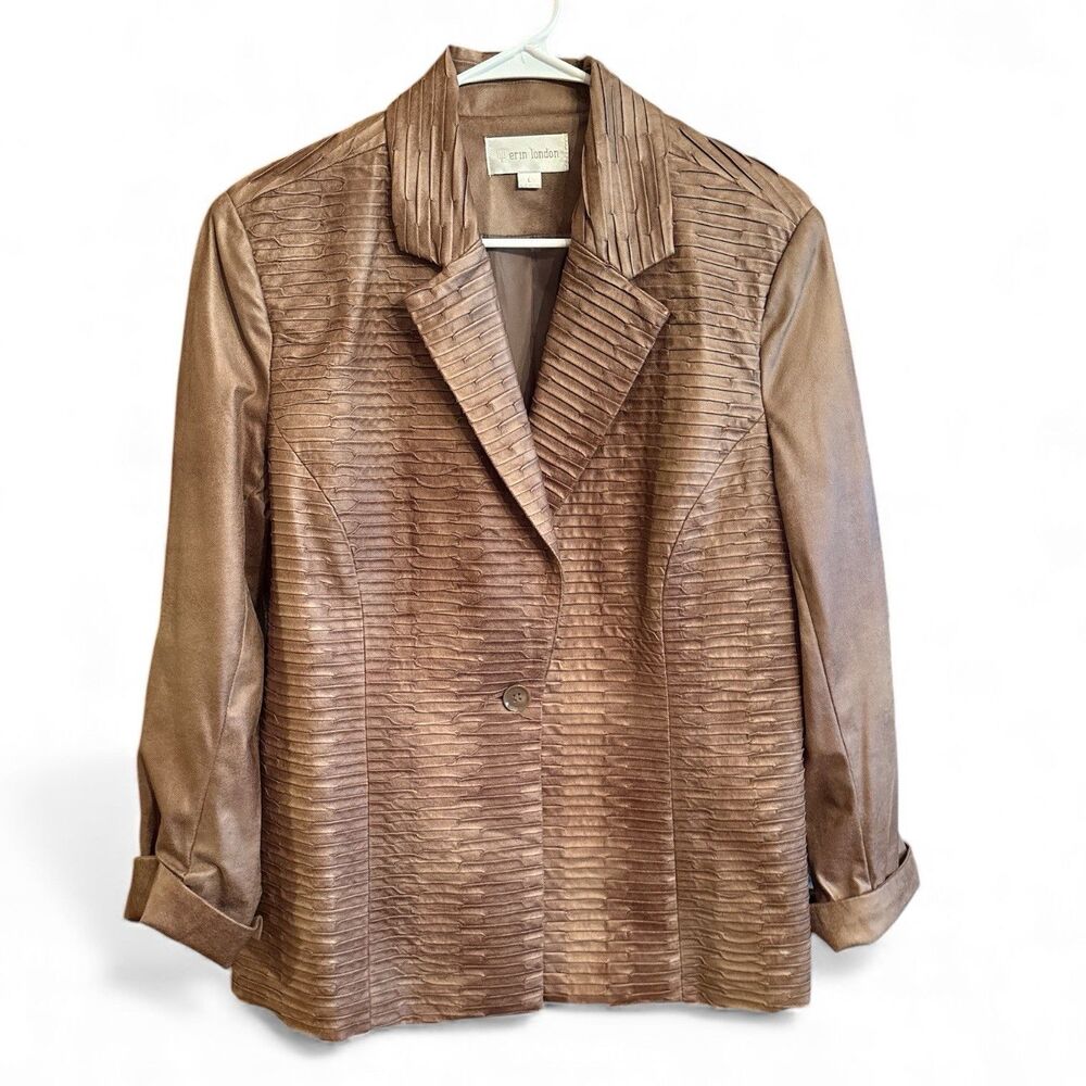 Erin London Womens Brown Satin Textured Lightweight Shimmery Blazer Jacket Large